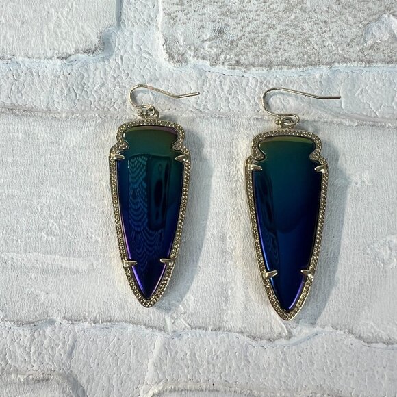 Kendra Scott‎ Skylar Earrings Gold Arrowhead Blue Iridescent Reversible Black - Picture 5 of 8